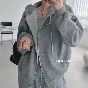 直邮韩国代购 气质连帽加绒纯色保暖宽松卫衣外套女 INS博主25秋冬