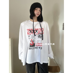 显瘦垫肩字母宽松百搭中长款 时尚 T恤女 JINA25冬新 直邮韩国代购