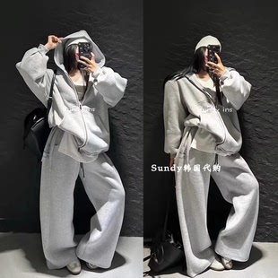 套装 现韩国代购 休闲裤 连帽字母拉链宽松加绒卫衣外套 2025冬新款