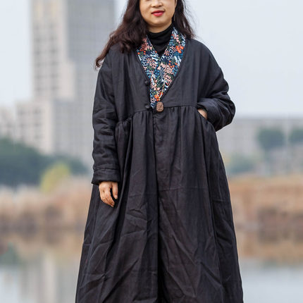 念旧原创/1212C 复古纯亚麻黑色夹棉外套拼接刺绣厚棉服