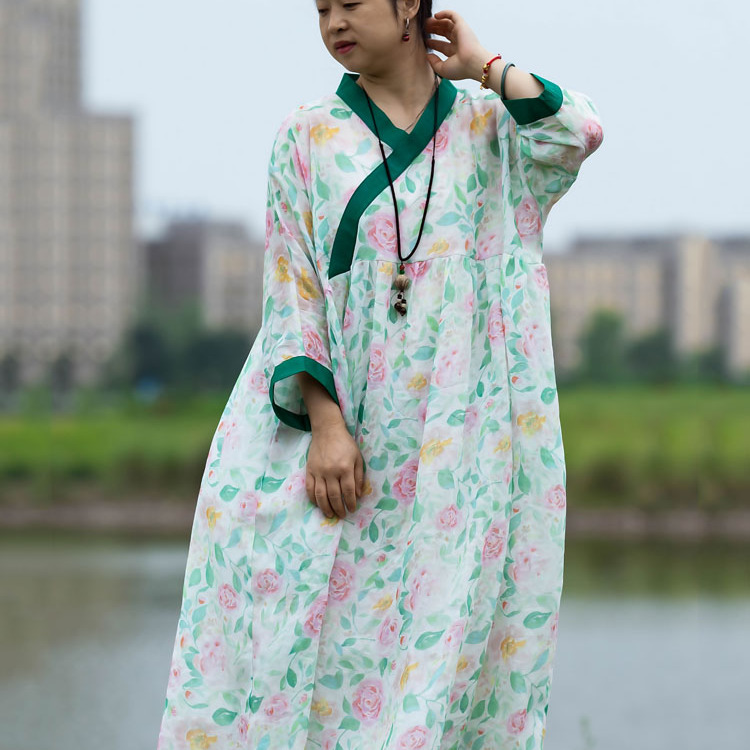 念旧原创/如烟 文艺纯苎麻印花清凉袍子女宽松旅行风连衣裙