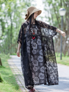 念旧原创 复古文艺全面剪花宽松袍子女长镂空纯色连衣裙 0531E