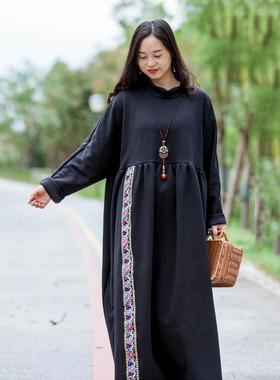 念旧原创/0906A 复古秋冬精梳棉一体绒绣片宽松袍子女纯色连衣裙