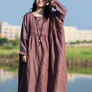 念旧原创/1002A 复古纯亚麻色织宽松袍子女纯色旅行风连衣裙