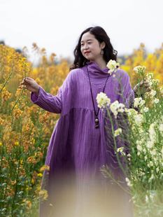 念旧原创 文艺肌理苎麻纯色宽松袍子女旅行风素色连衣裙 0402B