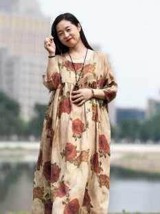 念旧原创 复古重磅铜氨丝宽松袍子女凉快飘逸连衣裙 0531E