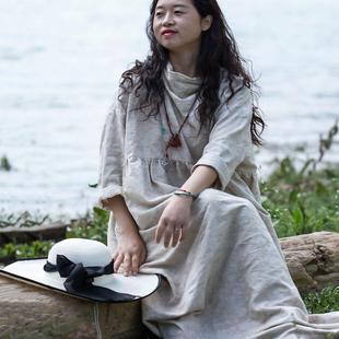 念旧原创/0905E 文艺纯亚麻炒色提花宽松袍子女素色堆堆领连衣裙