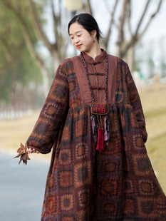 念旧原创 复古纯亚麻拼接加新雪丽袍子加厚保暖连衣裙 1219A