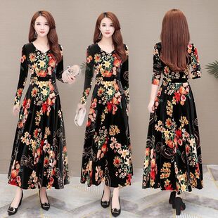 中老年显瘦中长款 妈妈装 打底裙 200斤金丝绒连衣裙女春秋季 大码