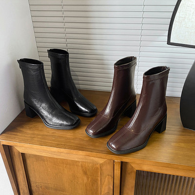 2025冬款真皮高跟方头短靴马丁靴