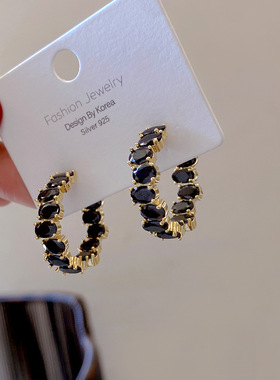 春夏新款C形黑色锆石耳环S925银针耳饰个性网红风