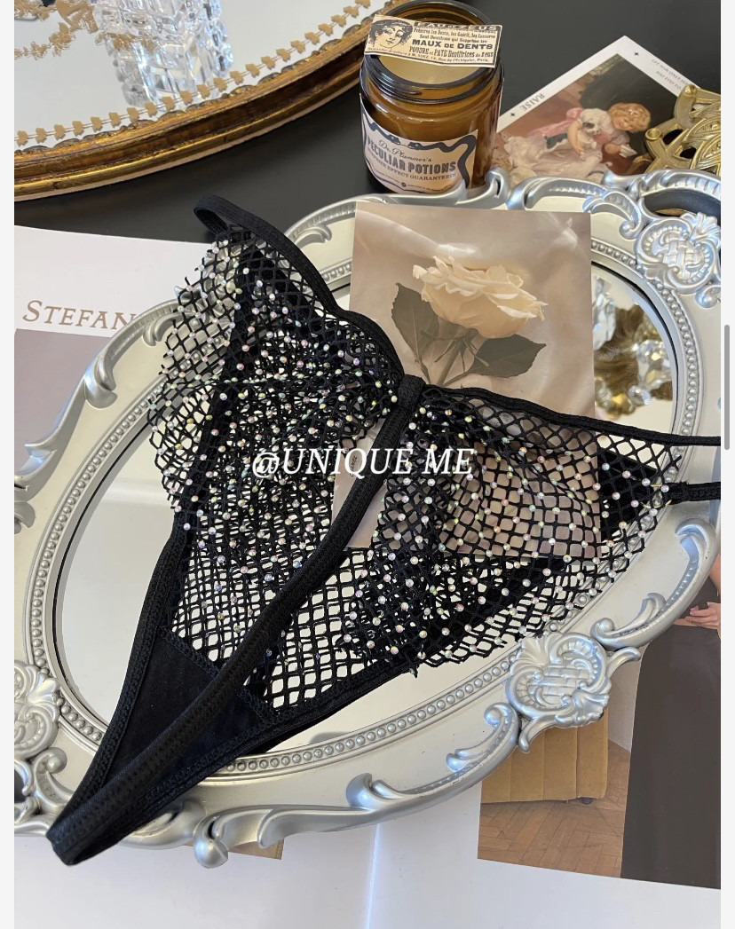 系带内裤欧美风亮钻网纱内裤女情调高端蝴蝶结透气无痕女三角裤