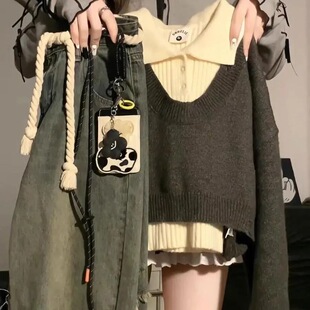 韩系学院风套装美式复古针织毛衣外套背心设计感阔腿牛仔裤三件套