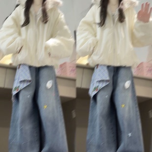 盐系学院风套装甜美温柔毛毛领保暖棉服外套方巾阔腿牛仔裤两件套