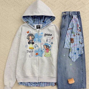 盐系学院风套装美式慵懒假两件连帽外套格纹方巾阔腿牛仔裤两件套