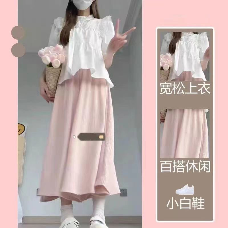 宽松裙裤女夏季薄款小个子高腰温柔垂感阔腿裤法式小飞袖衬衫套装图片