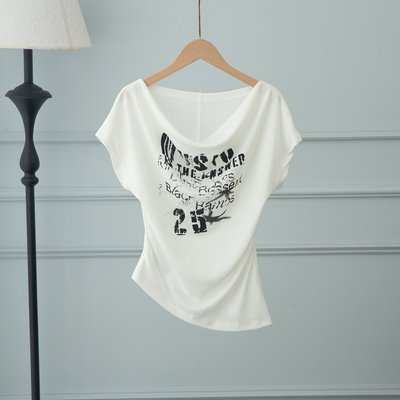 荡领掐腰短袖T恤女不规则短上衣