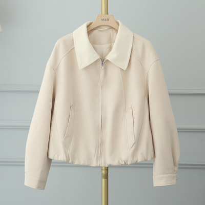 翻领拼接撞色短款麂皮绒外套夹克