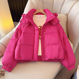 超好看的火龙果玫红色连帽短款面包羽绒服女2025冬季新款加厚外套