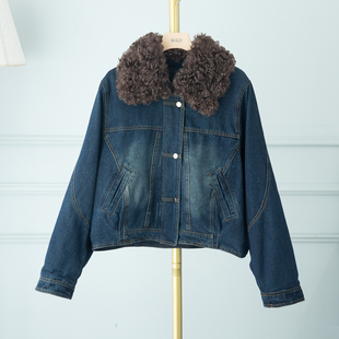 羊羔毛翻领拼接牛仔羽绒服内胆女士2026冬季新款小个子短夹克外套