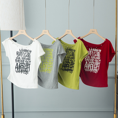 斜领露肩印花短袖T恤收腰短上衣