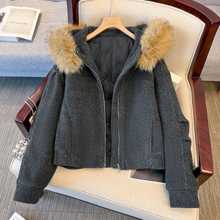 超火大毛领连帽灰色毛呢外套羽绒服内胆女短款2025冬季新加厚大衣