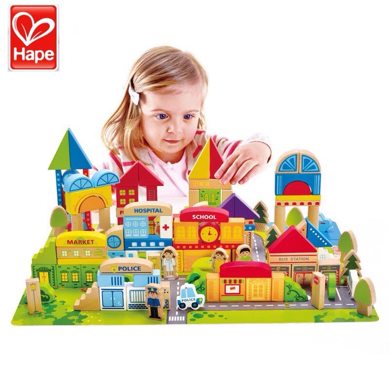 德国Hape城市情景大块积木农场小镇婴儿童宝宝益智实木头玩具可咬