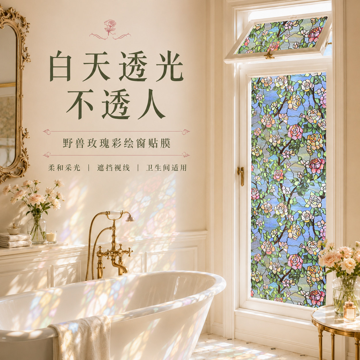 【浮雕仿生玻璃膜】法式彩绘窗花蒂凡尼复古珐琅窗户贴纸卫生间