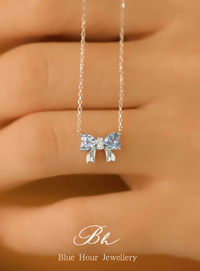 天然海蓝宝吊坠蝴蝶结项链s925纯银托帕石锁骨链高级感轻奢项饰