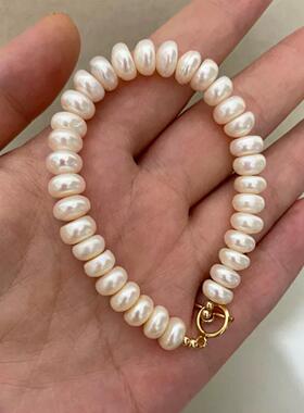 算盘扁珠淡水珍珠手链气质网红钛钢OT扣手串女韩版时尚大珍珠