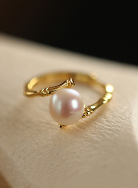 天然淡水珍珠戒指女小众设计开口食指戒轻奢高级感时尚个性指环