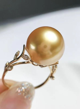 海水南洋金珠珍珠戒指浓金色优雅气质树叶款女 送给女友