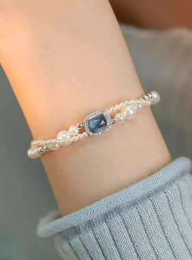 丹妮丝双层叠戴珍珠手链女小众手串轻奢精致几何方形串珠手饰