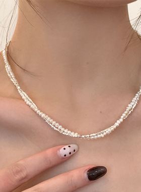 双层碎银子珍珠缠绕项链女小众复古个性简约百搭气质颈链锁骨链
