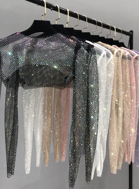 AB彩钻法式小坎肩网钻防晒披肩夏季薄款配吊带裙子外搭半截长袖女