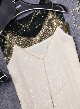 春季2020新款性感v领金属链条黑色亮片吊带背心外穿打底衫上衣女