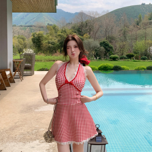 度假沙滩 分体格子蕾丝边性感辣妹显瘦平角裤 泳衣女2025夏新款 裙式