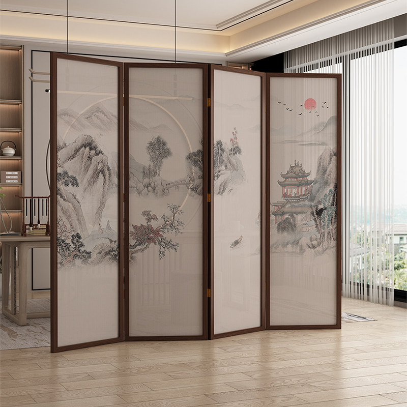 2025新款中式实木移动折叠屏风隔断办公室门口会客厅群山环抱聚财