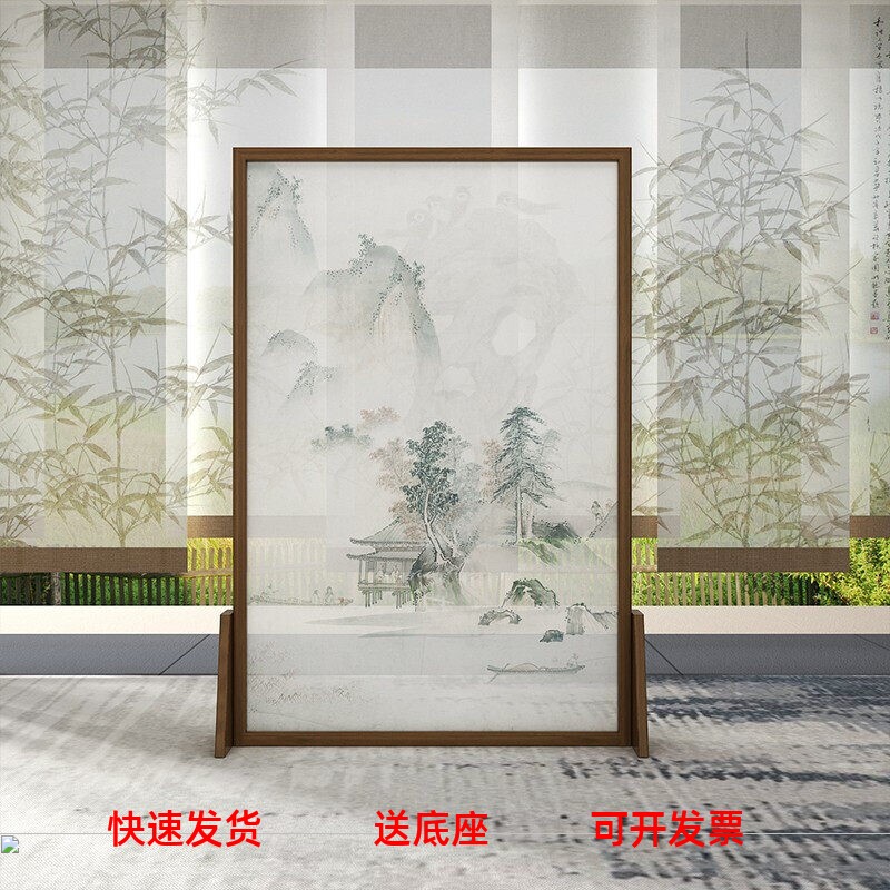 中式实木移动屏风玄关遮挡定制客厅办公室茶室隔断山水字画座屏