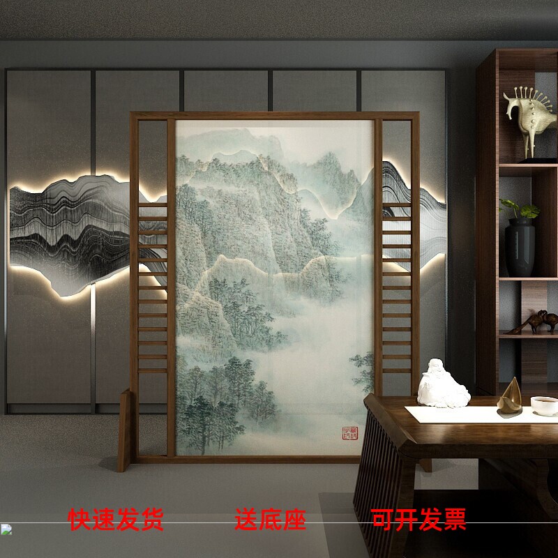 新中式玄关可移动茶室左右镂空实木座屏办公室字画屏风画隔断