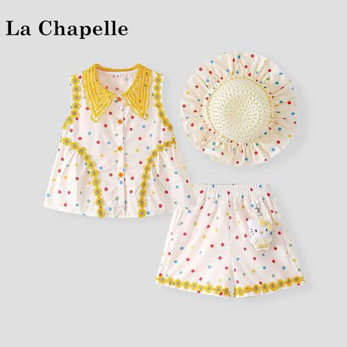 La Chapelle【拉夏贝尔】时尚夏季女童波点花朵上衣两件套LD2978