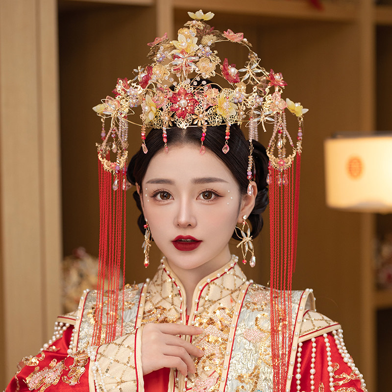 新娘头饰红色长流苏步摇凤冠发饰中式婚礼配饰秀禾服头冠婚嫁饰品
