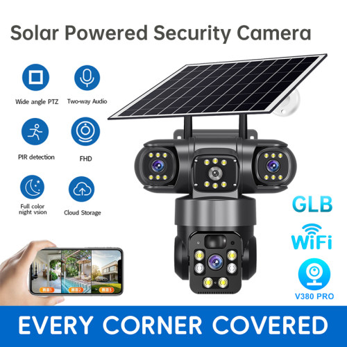 V380pro太阳能无线摄像4G/WiFi摄像机三画面手机远程室外全球版EU