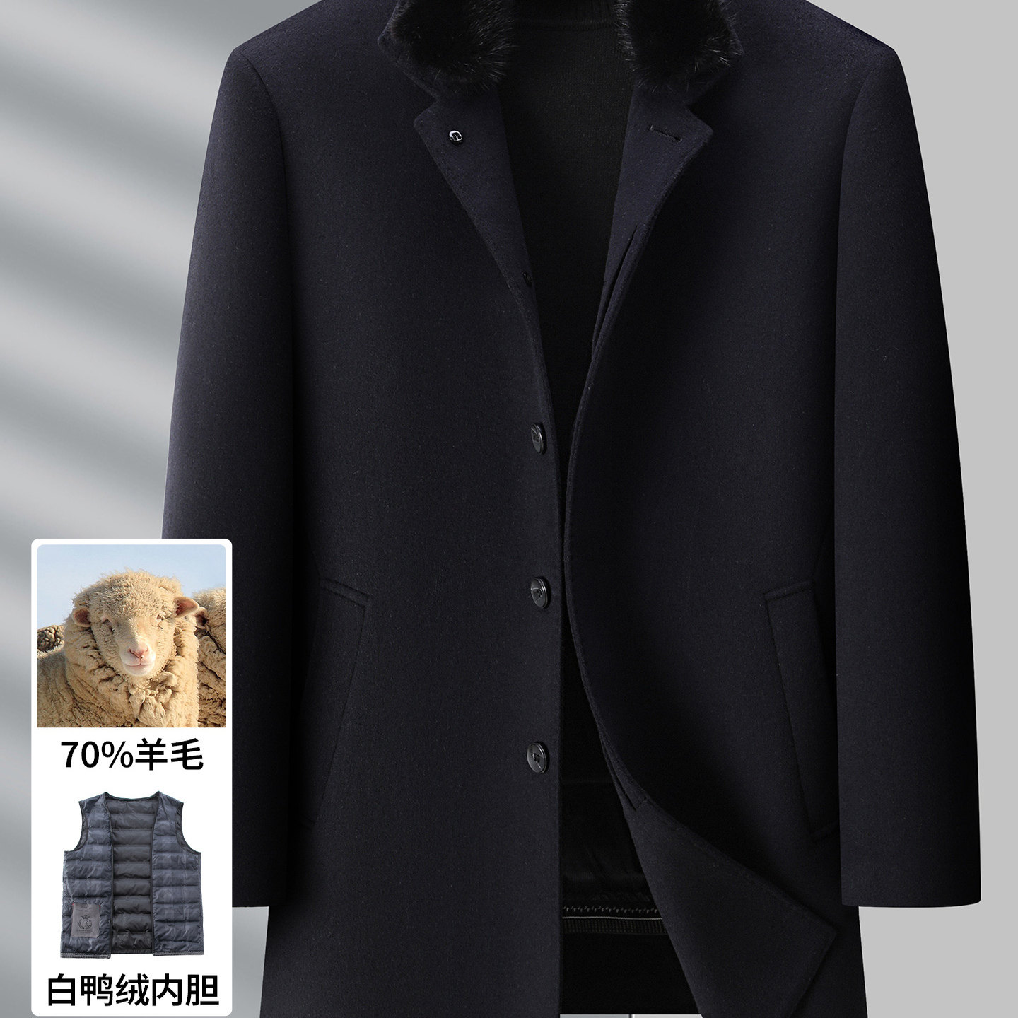 恒源祥羊毛大衣男中长款羽绒内胆冬季加厚保暖中年男士毛呢外套