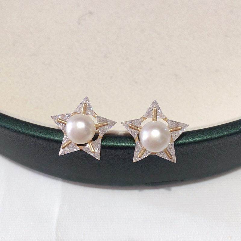 诸暨源产地天然淡水珍珠耳钉女18K包金五角星锆石气质耳饰