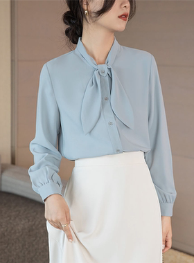 蓝色雪纺衬衫女士长袖职业通勤衬衣2023年秋装新款法式蝴蝶结上衣