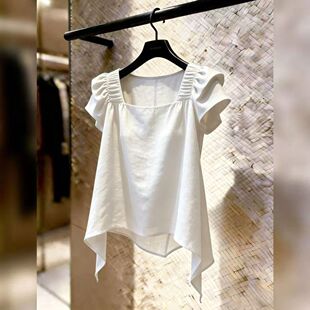 独特漂亮超好看方领上衣女夏季墨绿高端设计感小众时尚女装