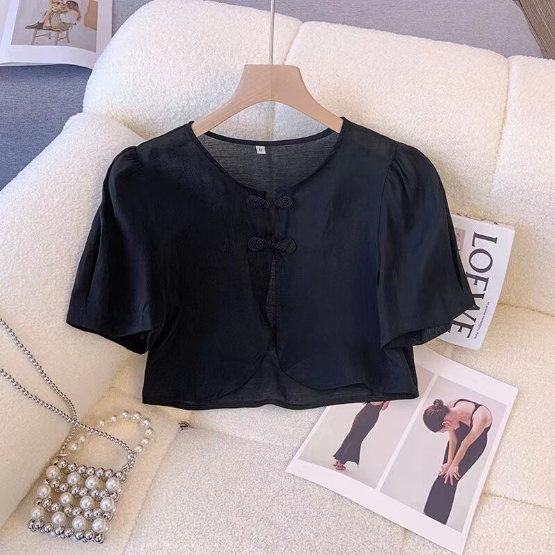 2025年盘扣防晒开衫女夏短袖显瘦潮外搭罩衫披肩短袖气质雪纺上衣