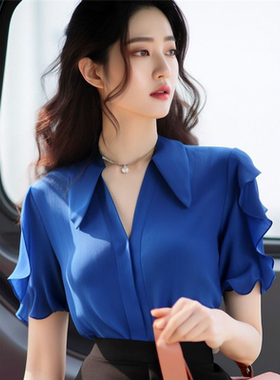 法式气质别致独特绝美小衫小众设计高级感小香风通勤蓝色衬衫女夏