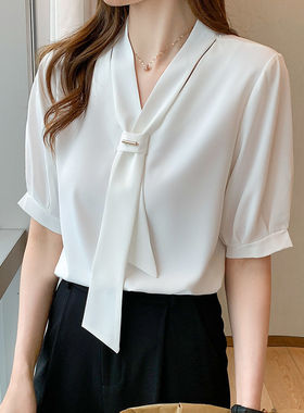 夏季女士雪纺衬衫通勤女装夏装2025年新款潮短袖上衣职业白色衬衣